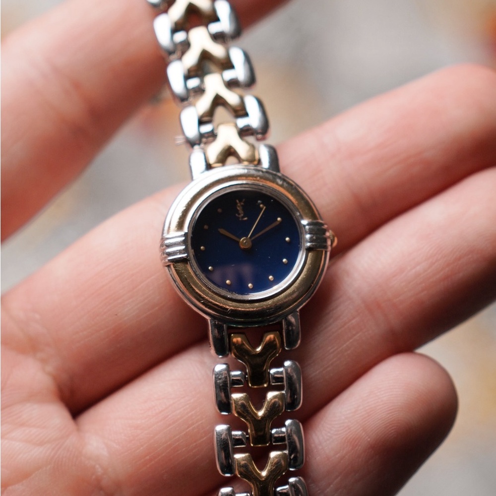 Vintage YSL Yves Saint Laurent Blue Dial Two Tone Watch Women’s Quartz
